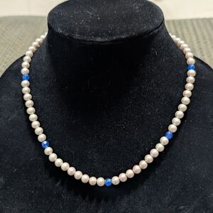 Vintage Faux Pearl & Blue Beads Handknotted Necklace